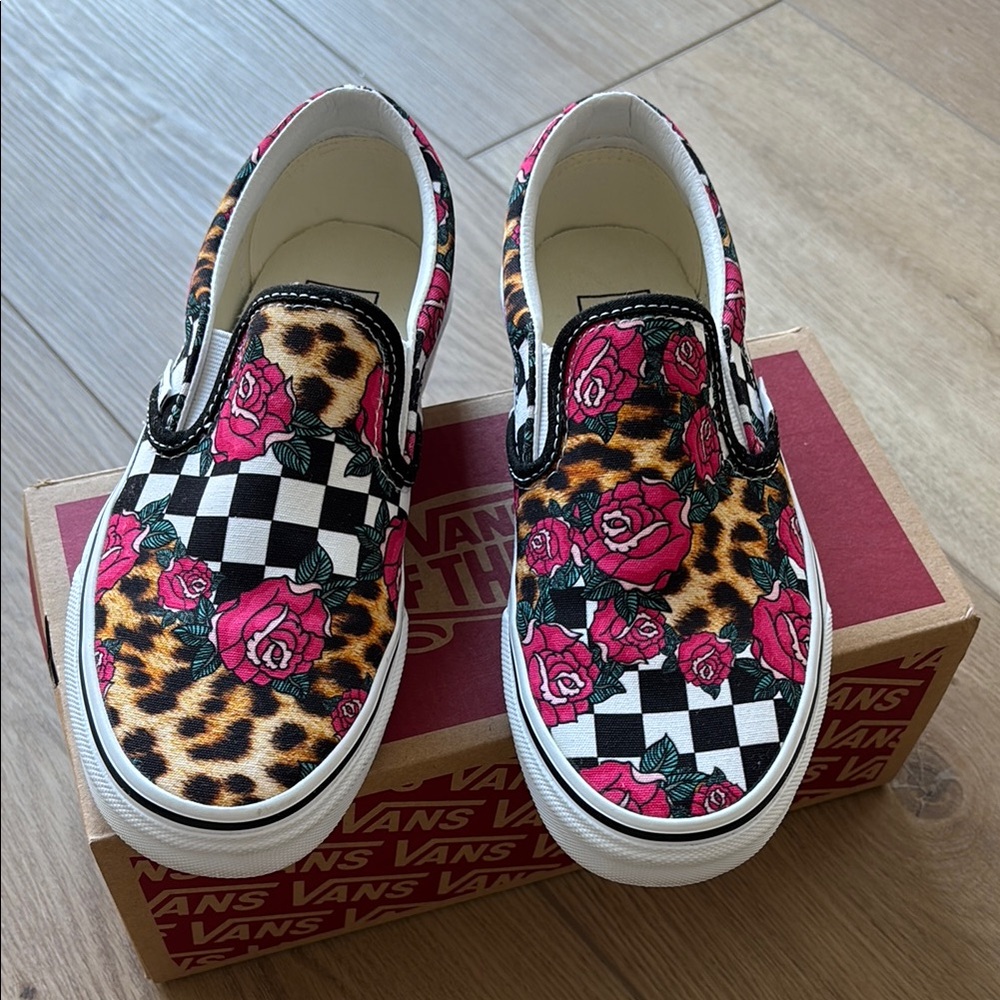 Vans Slip-On Sneakers with Rose and Leopard Print